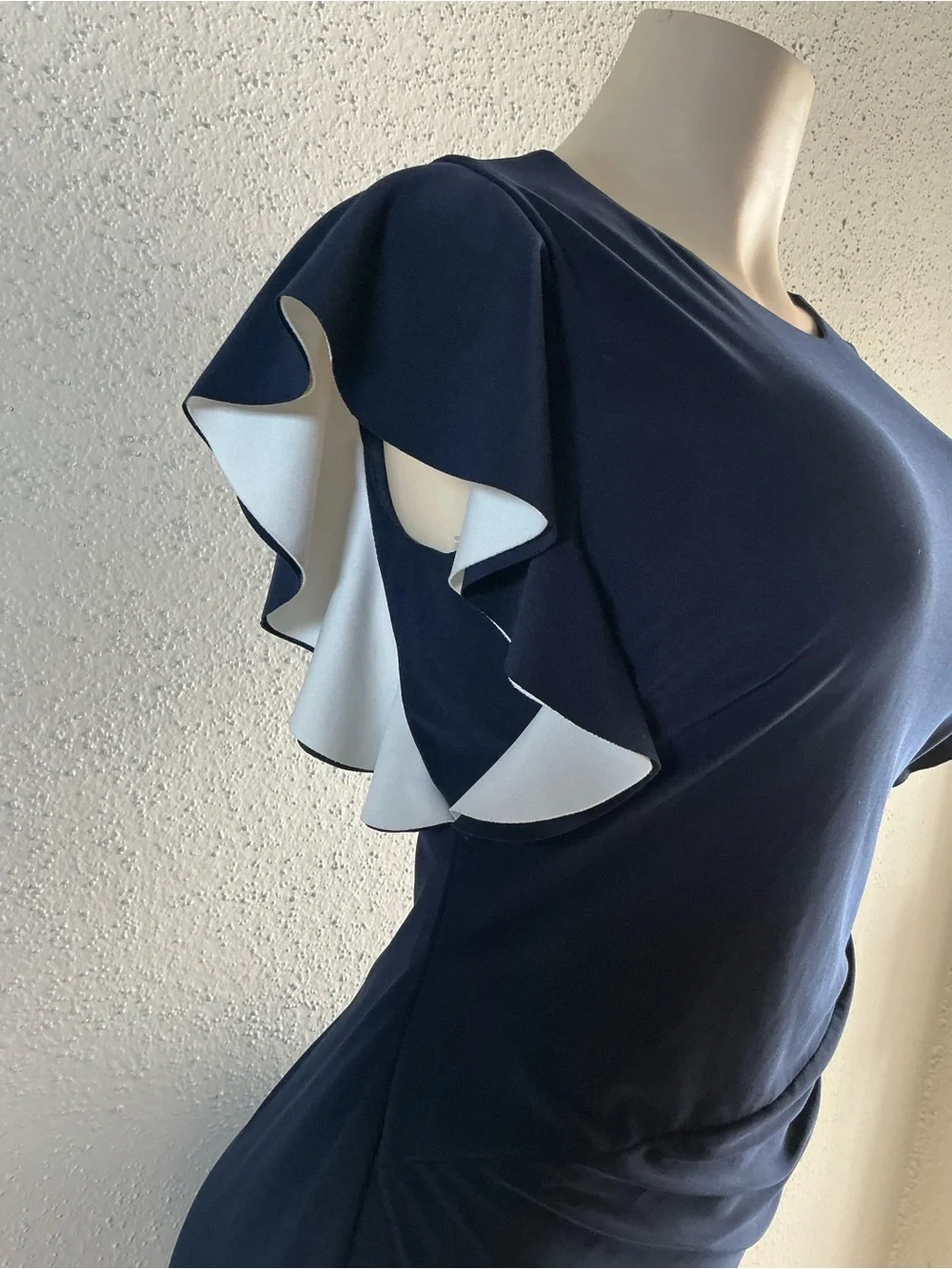 Lauren Ralph Lauren Navy Midi Sheath Dress with White-Trim Flutter Sleeves - Picture 5 of 8